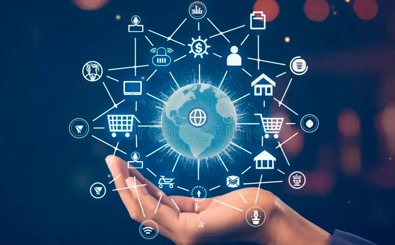 red-digital-de-mano-con-iconos-globales-una-mantiene-varios-que-representan-la-conectividad-global-el-comercio-y-tecnología-320491366